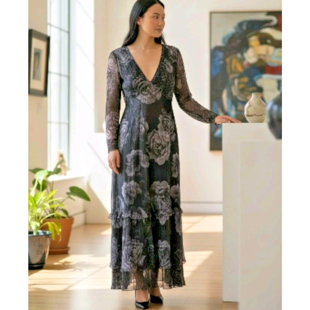 Komarov Crinkle Floral Dress Size L Purple Gray‎ Tiered Ruffles Fairy Flowy USA